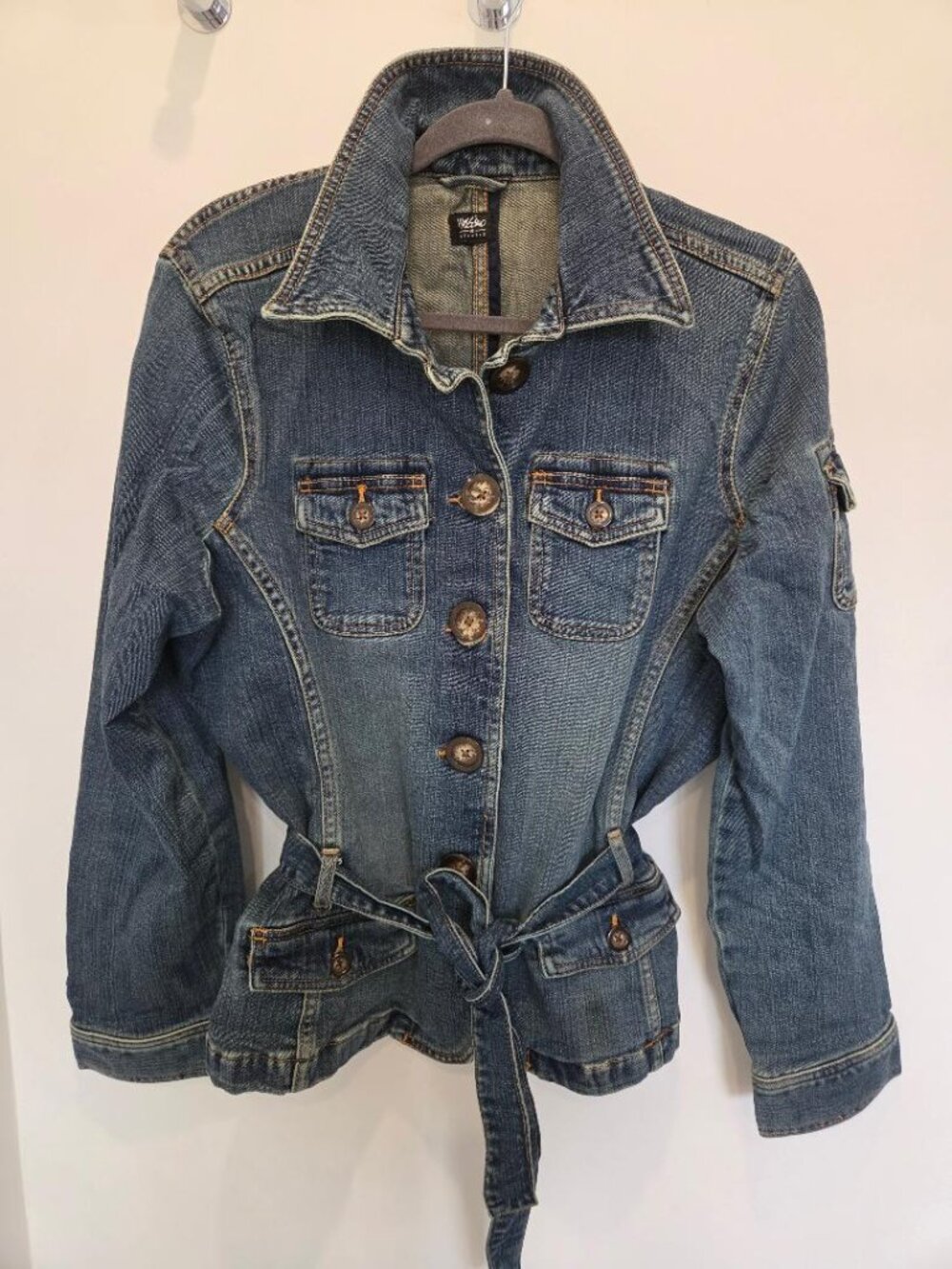 Women's Mossimo Blue Denim Belted Stretch Button Down Jacket M/L (See Size Note)